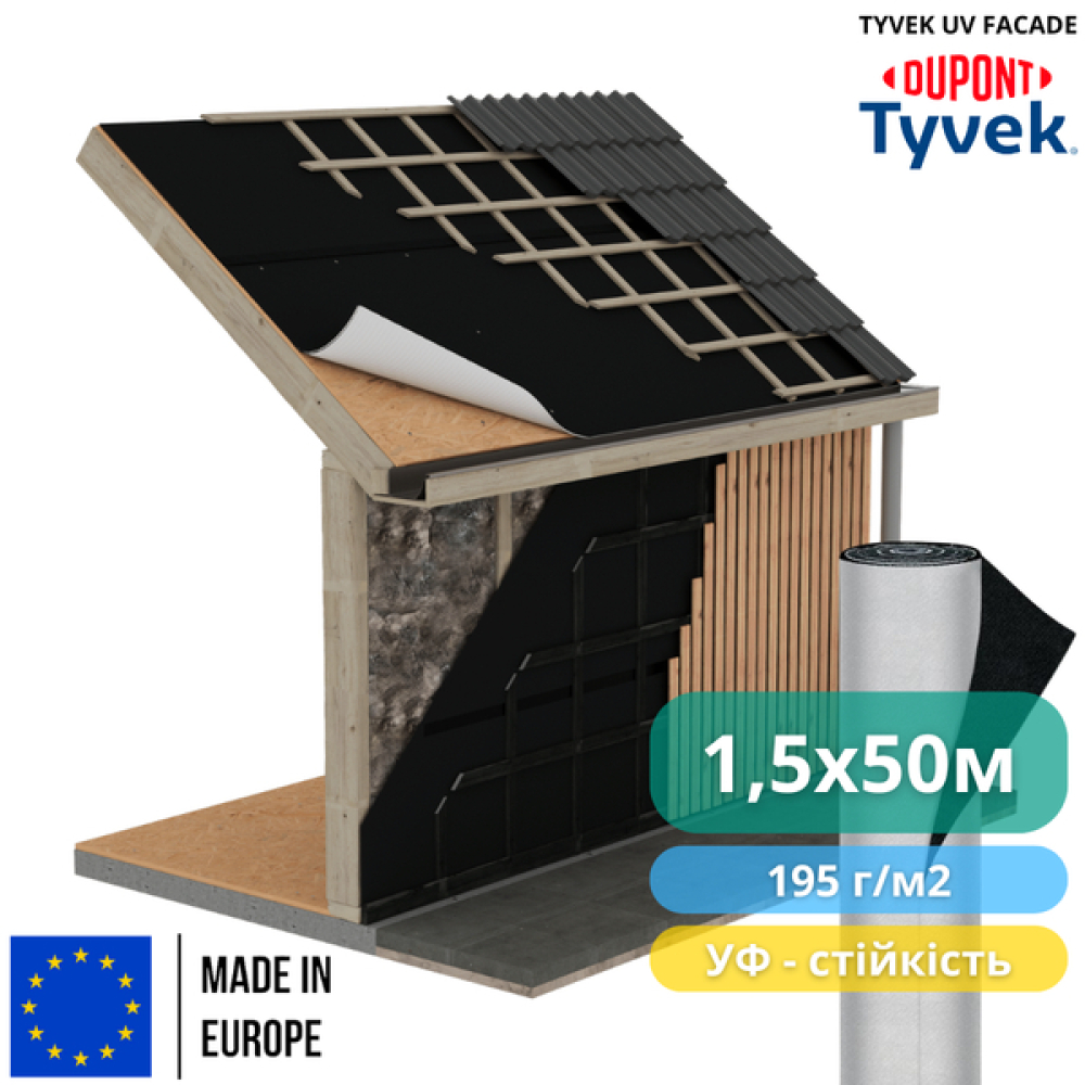 Вітроізоляційна мембрана Tyvek UV Facade 1,5 x 50 м, 75 м2, 195 г/м2 - (зображення5)